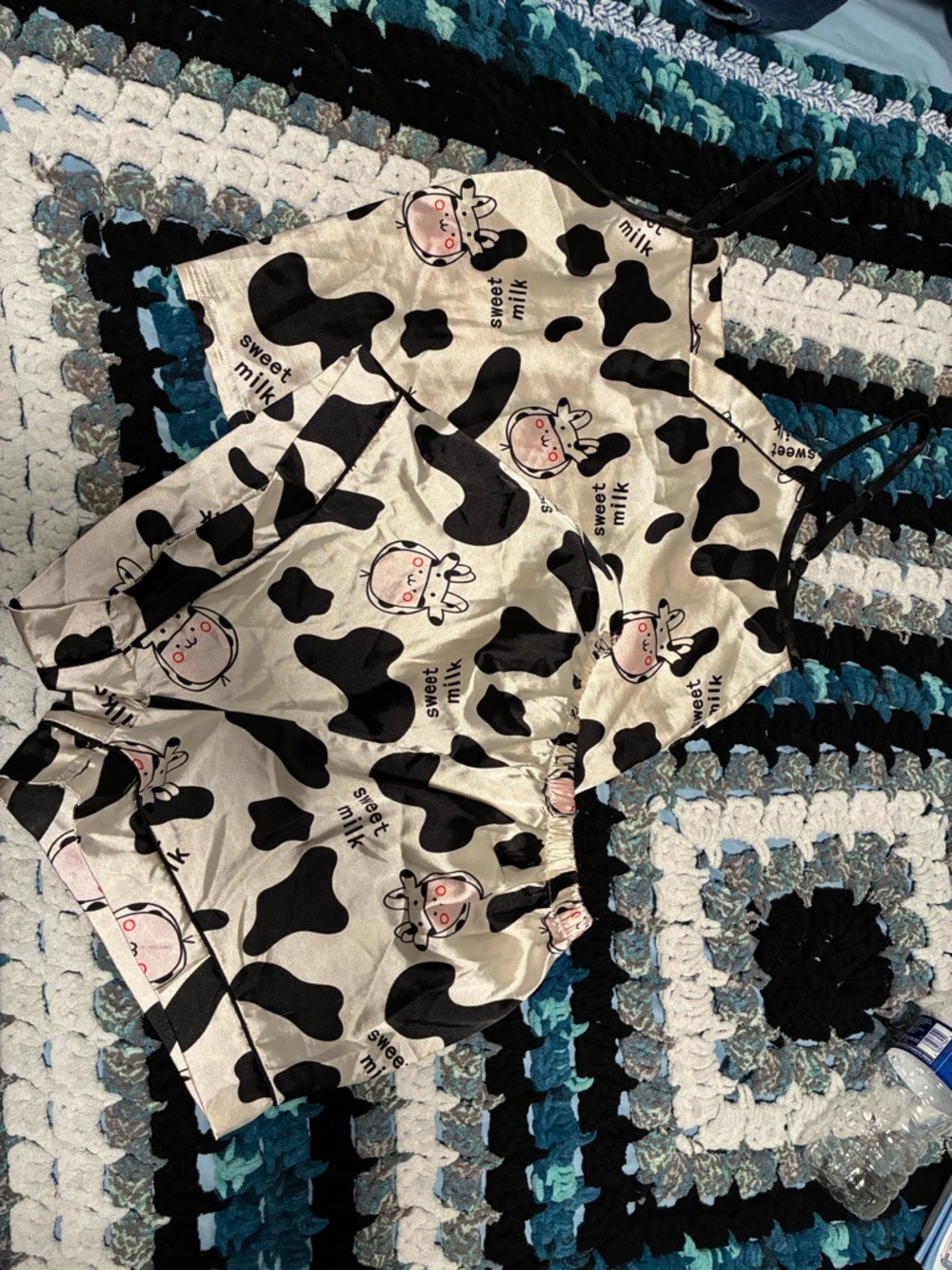 SHEIN Black & Cream Cow Print Satin Pajama Set